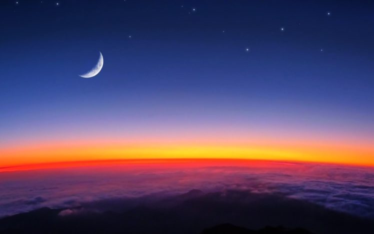sunrise, Moon, Sky, Clouds, Landscapes, Nature, Earth, Orange, Stars, Morning, Daybreak HD Wallpaper Desktop Background