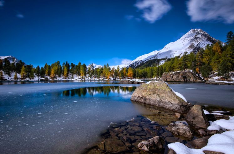 snow, Lakes, Rocks, Stones, Trees, Forest, Mountains, Landscapes, Earth, Nature, Ice, Water HD Wallpaper Desktop Background