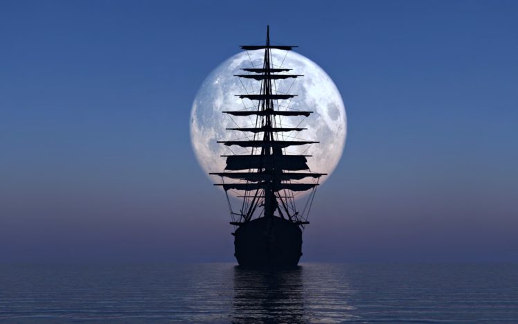 ship, Boat, Yacht, Watercraft, Moon, Sky, Sea, Ocean HD Wallpaper Desktop Background