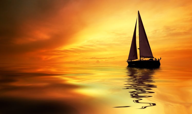 sea, Ocean, Boat, Yacht, Sky, Clouds, Sunset, Orange, Landscapes, Nature, Earth HD Wallpaper Desktop Background