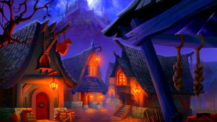 village, Houses, Halloween, Night HD Wallpaper Desktop Background