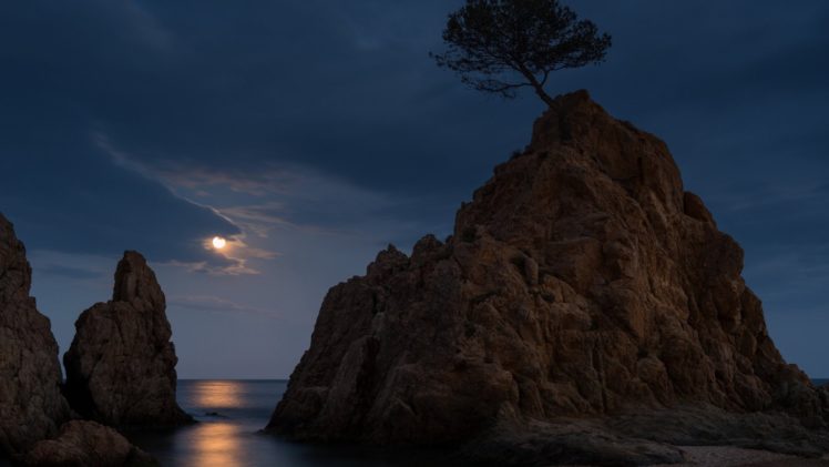 tossa, De, Mar, Costa, Brava, Spain, Moonlight, Sea, Mountain HD Wallpaper Desktop Background