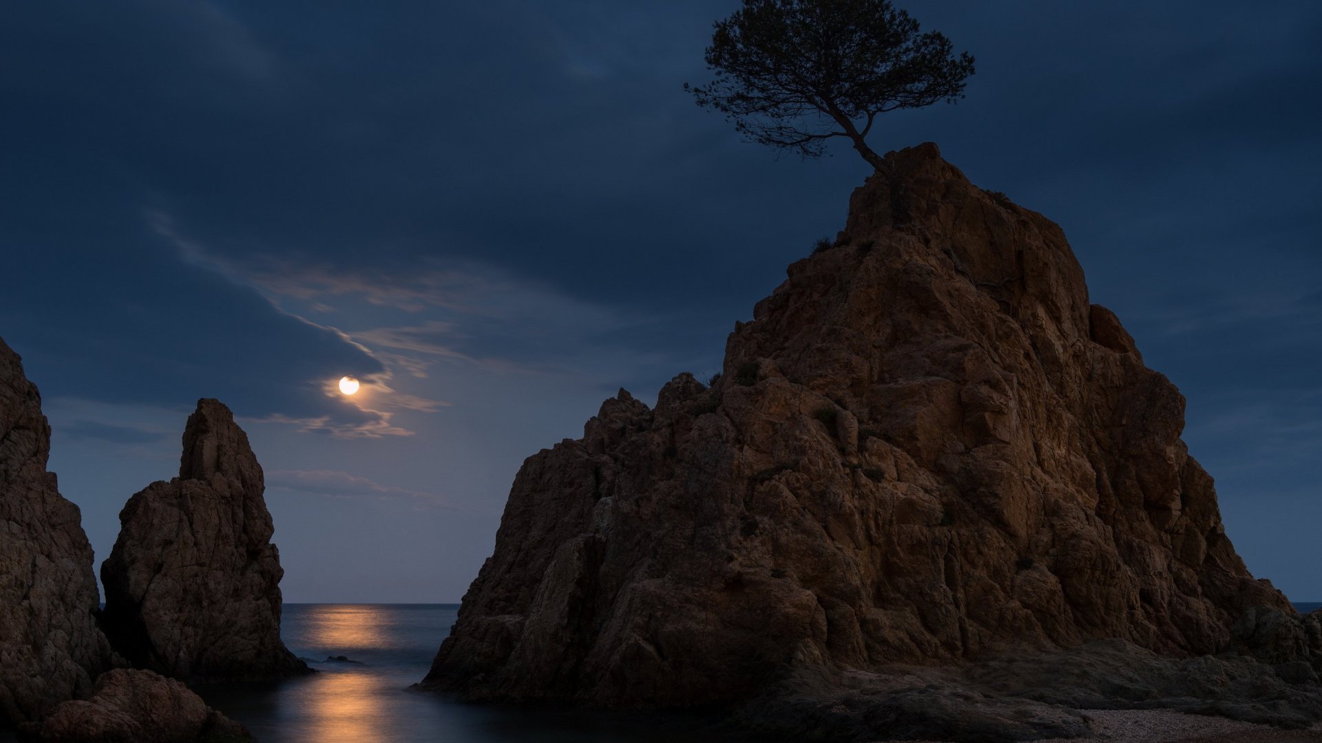 tossa, De, Mar, Costa, Brava, Spain, Moonlight, Sea, Mountain Wallpaper