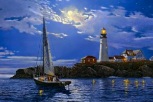 painting, Sailboat, Lighthouse