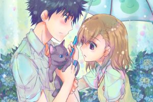 umbrella, Anime, Couple, Cat, Cute, Girl, Boy, Rain, Love