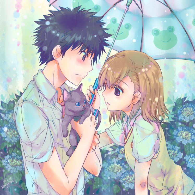 umbrella, Anime, Couple, Cat, Cute, Girl, Boy, Rain, Love HD Wallpaper Desktop Background