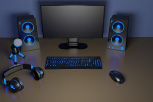 computer, Setup, Headphones, Mouse, Keyboard, Mechanical, Speakers, Microphone, Technology, Blue, Pc