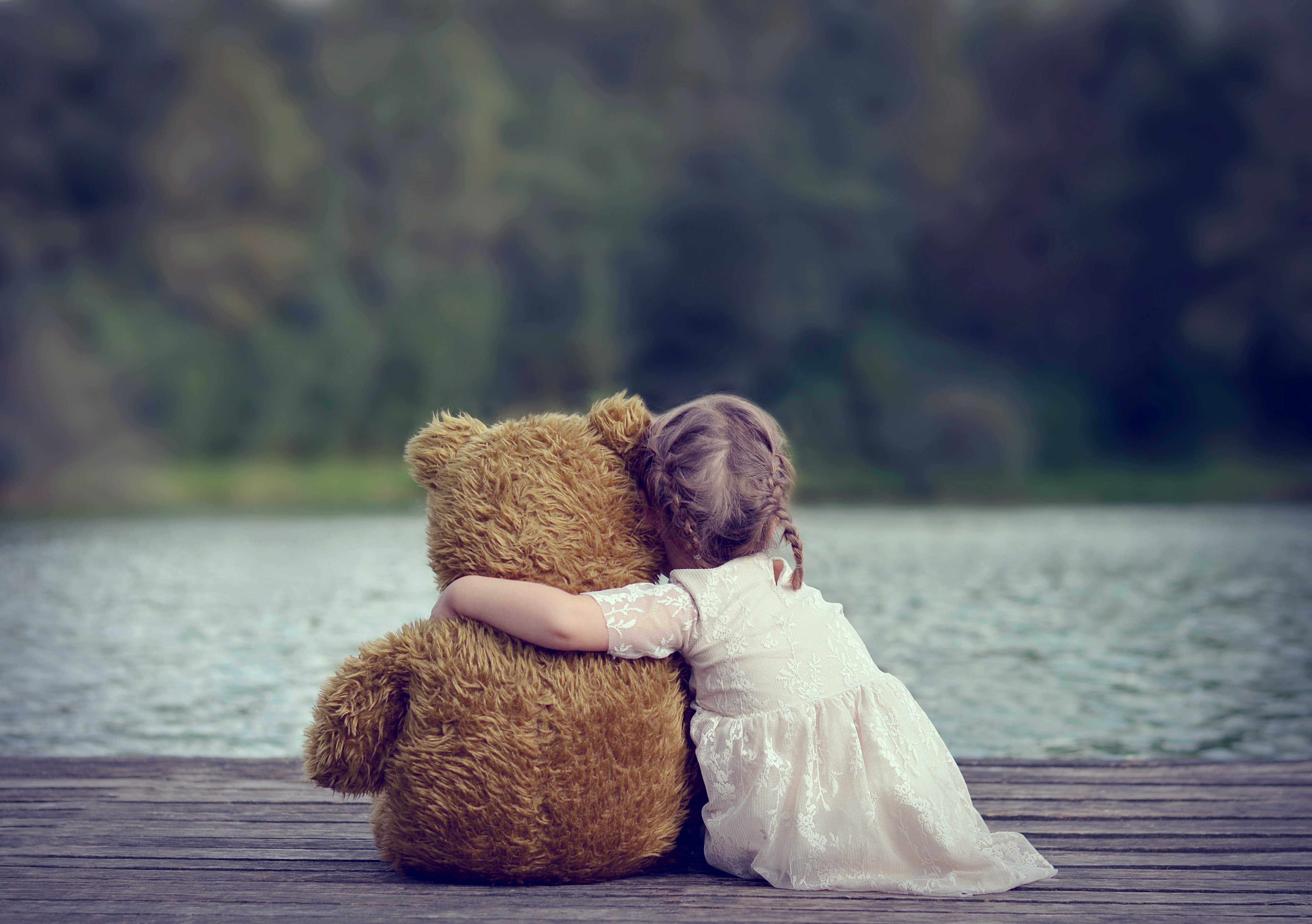 kids, Children, Childhood, Teddy, Bear, Friendship, Friends, Lakes, Hug, Girl, Little, Watching Wallpaper
