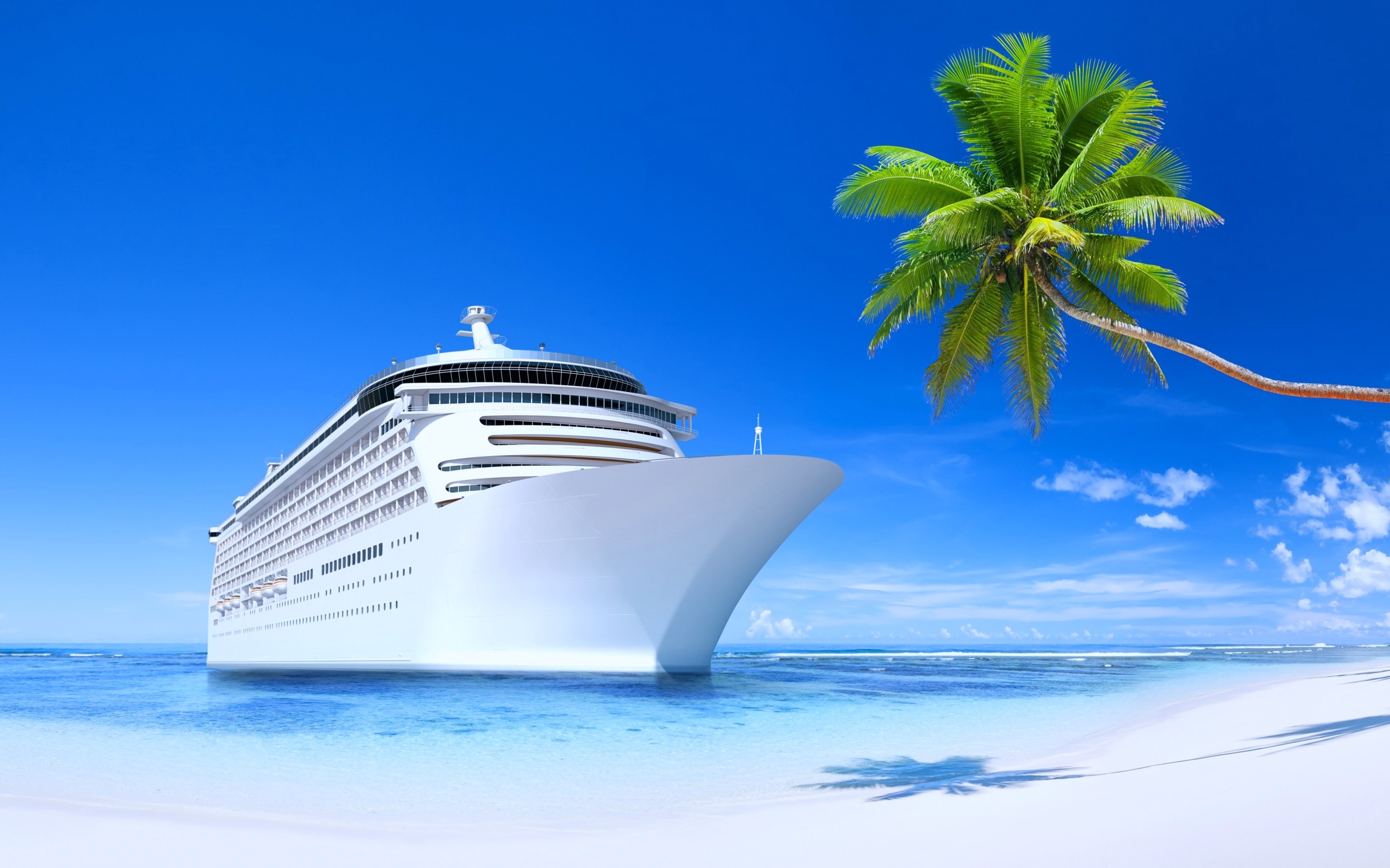 steamship, Ship, Tourism, Travel, Beach, Island, Sunny, Blue, Summer, Palms, Sand, Sea, Calm, Beautiful, White, Sky Wallpaper