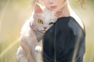 anime, Girl, Cat, Cute, Eyes, Color