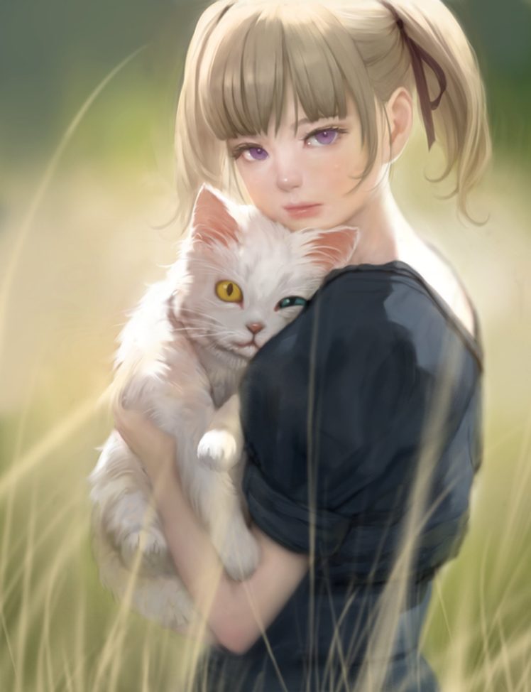 anime, Girl, Cat, Cute, Eyes, Color HD Wallpaper Desktop Background