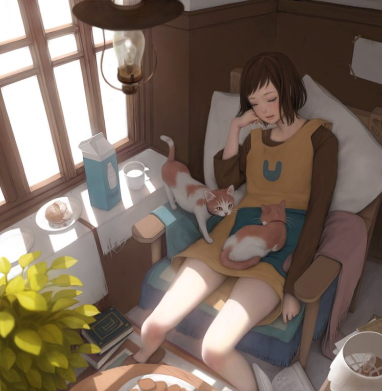 anime, Sleep, Girl, Cats, Animal HD Wallpaper Desktop Background