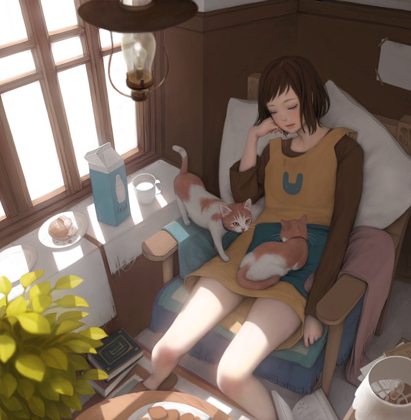anime, Sleep, Girl, Cats, Animal Wallpaper