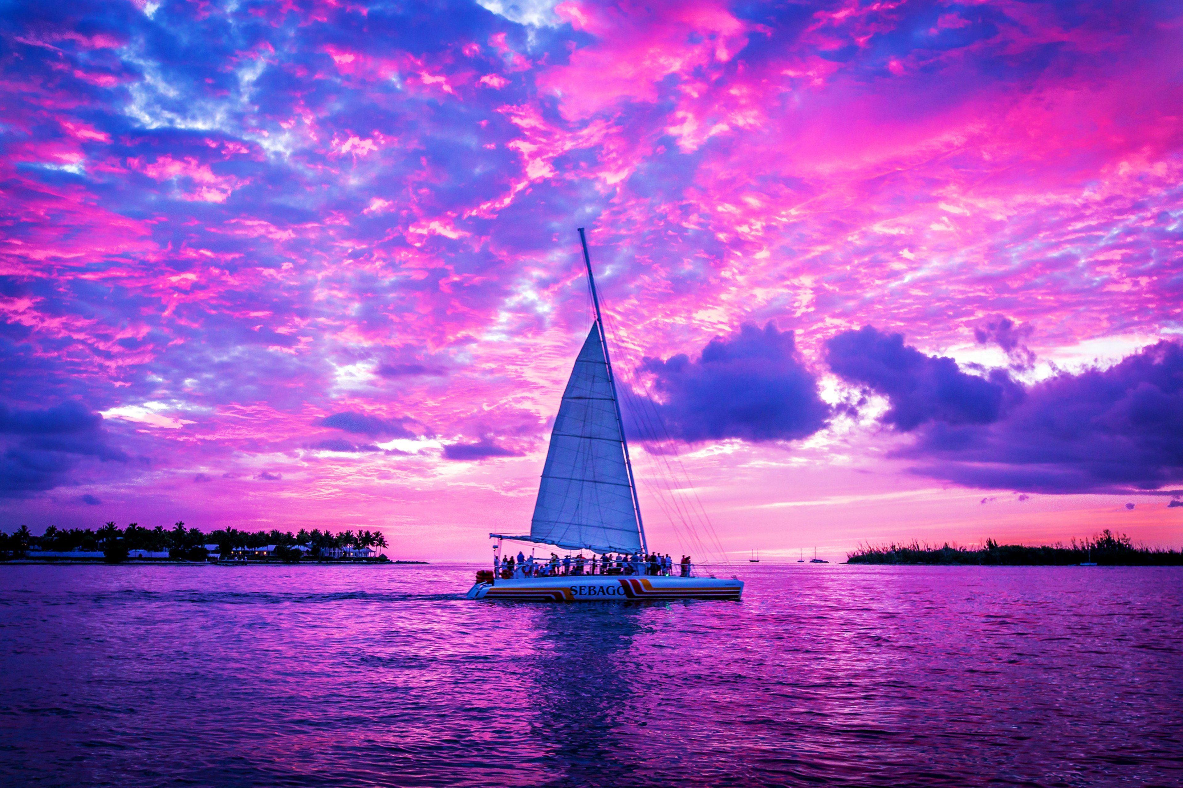 pink, Boats, Clouds, Ocean, Sailing, Sea, Ship, Sky, Watercrafts, Trips, Romantic, Purple Wallpaper