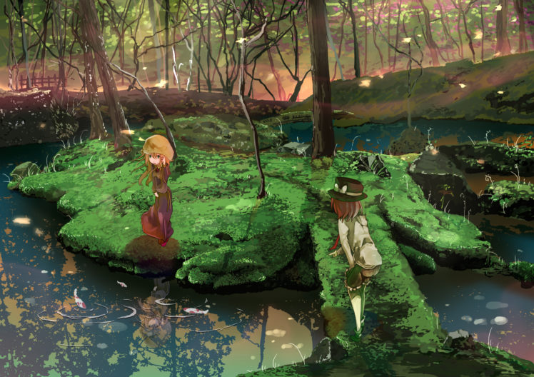 animal, Dress, Fish, Forest, Hat, Landscape, Maribel, Hearn, Scenic, Shinta,  hmmuk , Touhou, Tree, Usami, Renko, Water HD Wallpaper Desktop Background