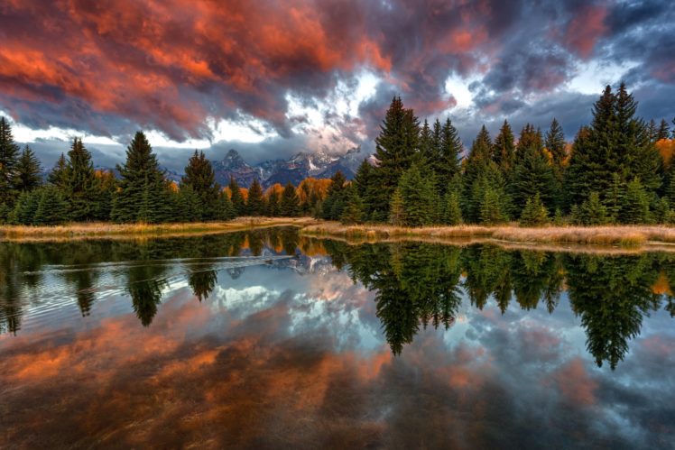 nature, Wyoming, United, States, Lake, Reflection, Sunset, Sunrise, Autumn, Sky HD Wallpaper Desktop Background
