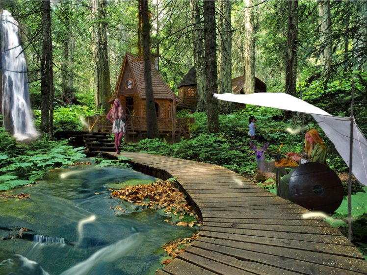 water, Houses, Deer, Elves, Waterfalls, Elfs HD Wallpaper Desktop Background