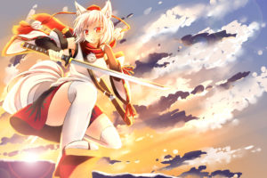 animal, Ears, Clouds, Hat, Inubashiri, Momiji, Japanese, Clothes, Red, Eyes, Scarf, Sky, Sword, Tail, Thighhighs, Touhou, Weapon, White, Hair