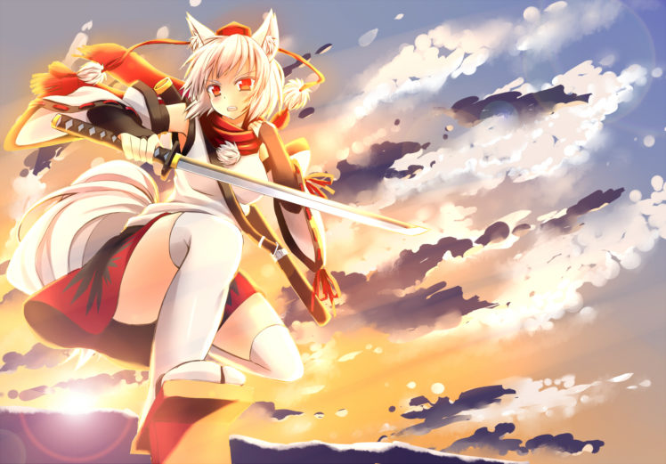 animal, Ears, Clouds, Hat, Inubashiri, Momiji, Japanese, Clothes, Red, Eyes, Scarf, Sky, Sword, Tail, Thighhighs, Touhou, Weapon, White, Hair HD Wallpaper Desktop Background