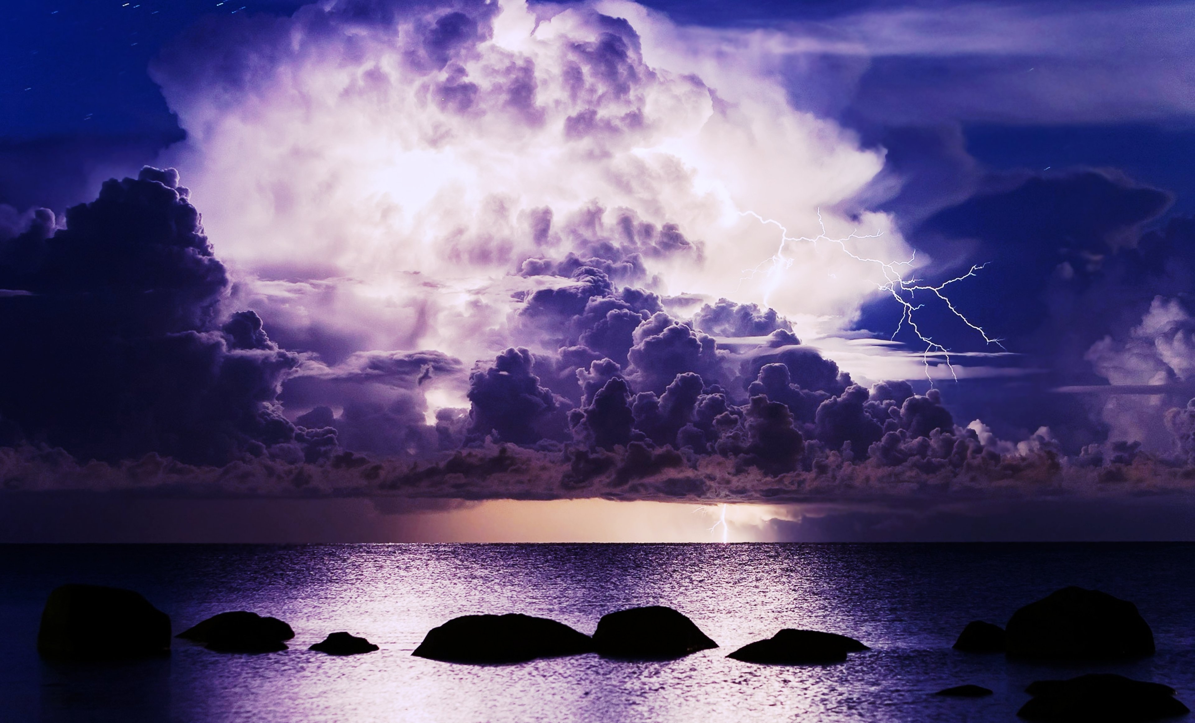 sea, Ocean, Lightnings, Clouds, Sky, Evening, Thunders, Storms, Weather, Nature, Landscapes, Earth Wallpaper