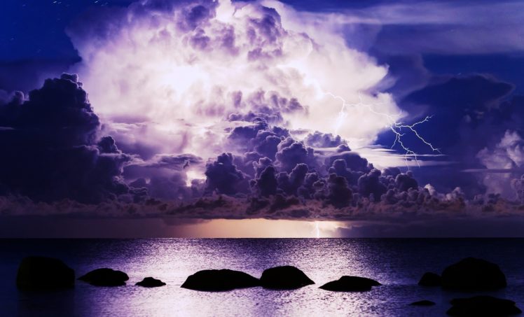 sea, Ocean, Lightnings, Clouds, Sky, Evening, Thunders, Storms, Weather, Nature, Landscapes, Earth HD Wallpaper Desktop Background