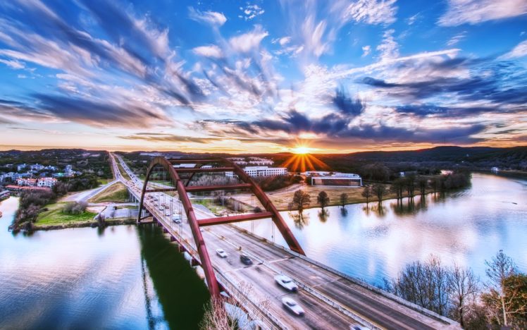Usa Texas Austin Bridge Cars Rivers Sunset Sky Clouds