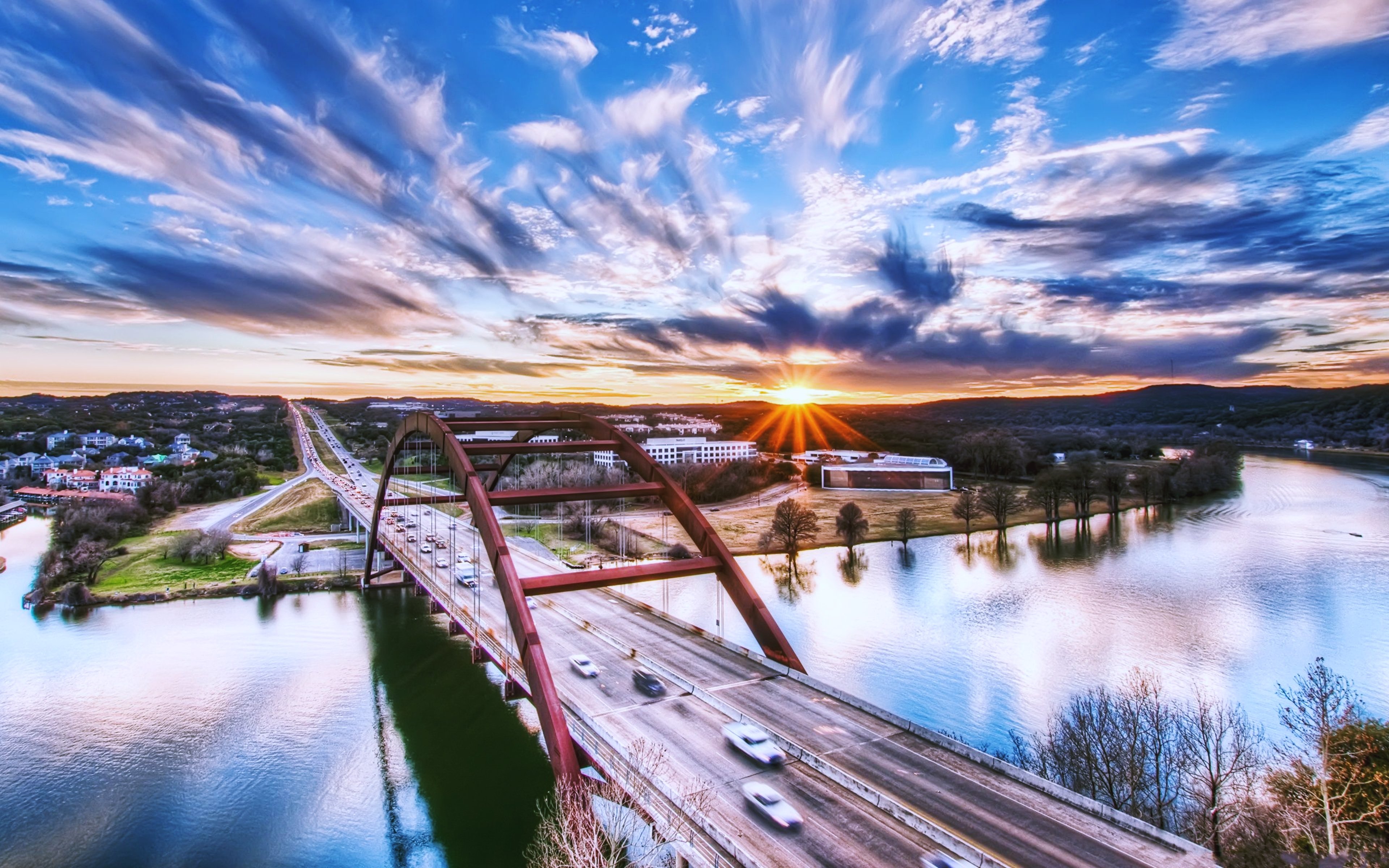 usa, Texas, Austin, Bridge, Cars, Rivers, Sunset, Sky, Clouds, Landscapes, City, Town, Country, Nature, Earth, Buildings, Long, Way, Path, Roads Wallpaper