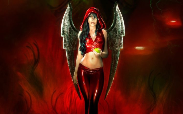 fantasy,  , Angel, Red, Black, Wings, Girl, Hood HD Wallpaper Desktop Background