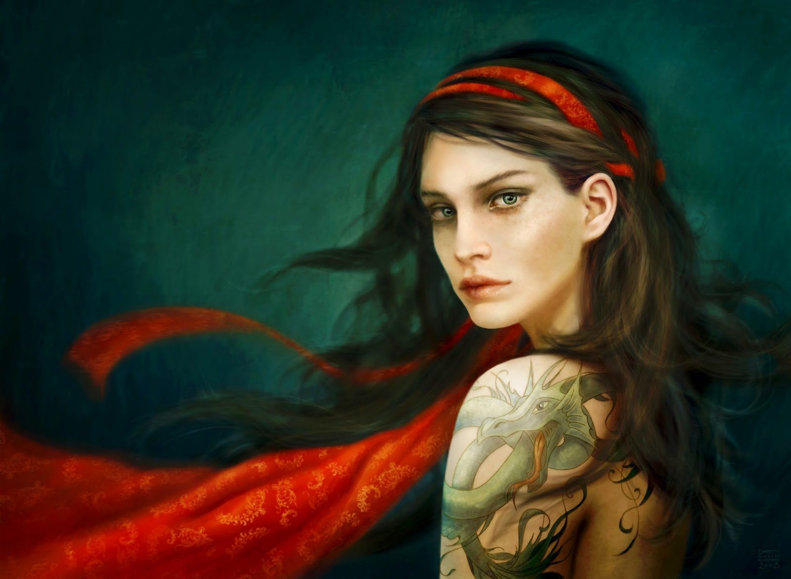 girl, Art, Red, Tattoo, Long, Hair Wallpaper