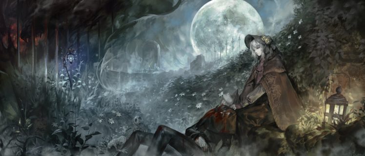alcd, Blood, Bloodborne, Cape, Doll, Flowers, Gray, Hair, Hat, Landscape, Leaves, Male, Moon, Night, Polychromatic, Scenic, Skull, The, Doll, The, Hunter, Tree HD Wallpaper Desktop Background