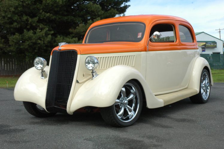 1935, Ford, Sedan, 2, Door, Humpback, Streetrod, Hotrod, Hot, Rod, Street, Orange, White, Usa, 3000×2000 01 HD Wallpaper Desktop Background