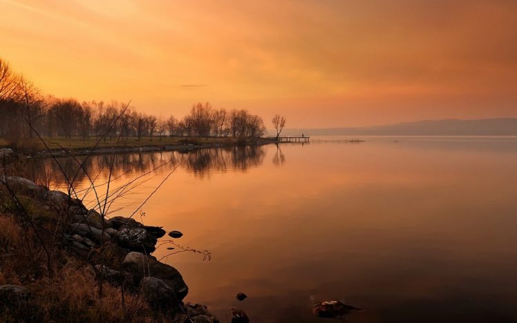 landscape, Lake, Sunset, Sky, Trees, Rocks HD Wallpaper Desktop Background