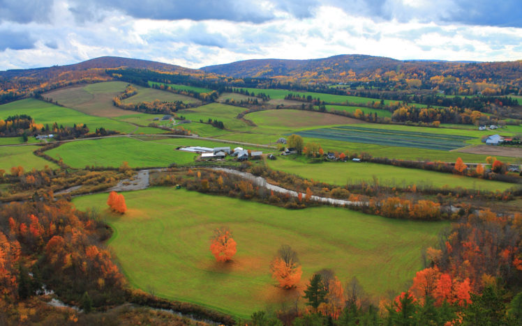 autumn, Fields, Mountains, Trees, Houses HD Wallpaper Desktop Background