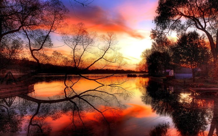 autumn, Sunset, Pond, Lakes, Reflection HD Wallpaper Desktop Background