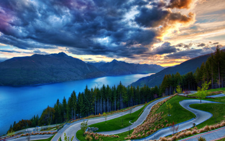 dunedin, New, Zealand, Clouds, Lake, Trees, Mountains, Landscape, Road, Sunset HD Wallpaper Desktop Background
