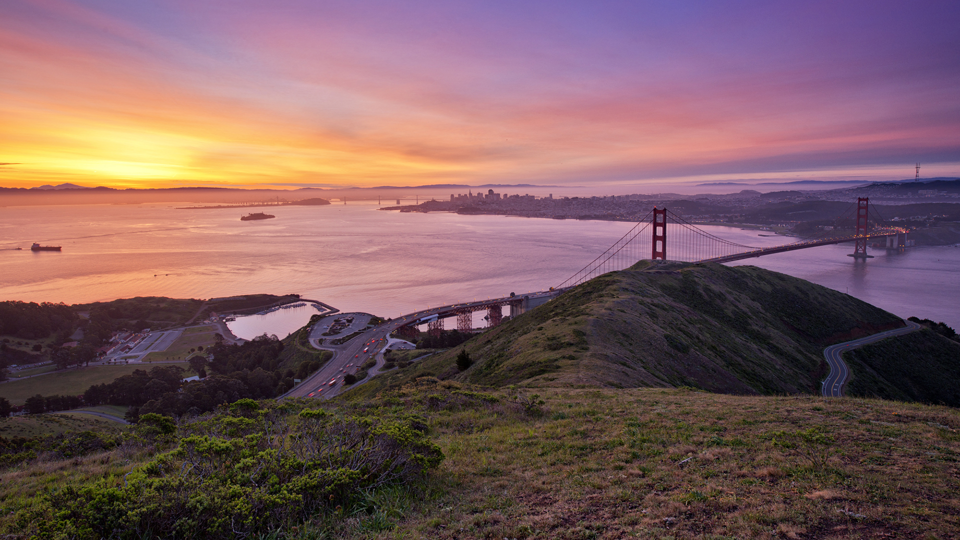 golden, Gate, Bridge, Bridge, San, Francisco, Buildings, Sunset, Ocean, Road Wallpaper
