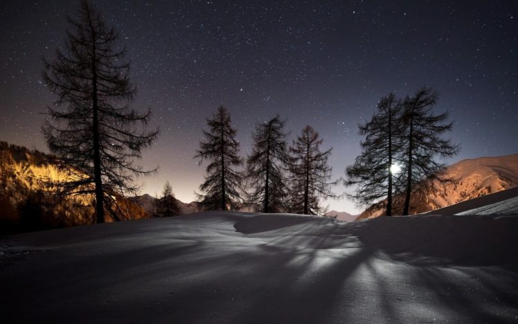nature, Sky, Winter, Snow, Tree, Mountain, Star HD Wallpaper Desktop Background