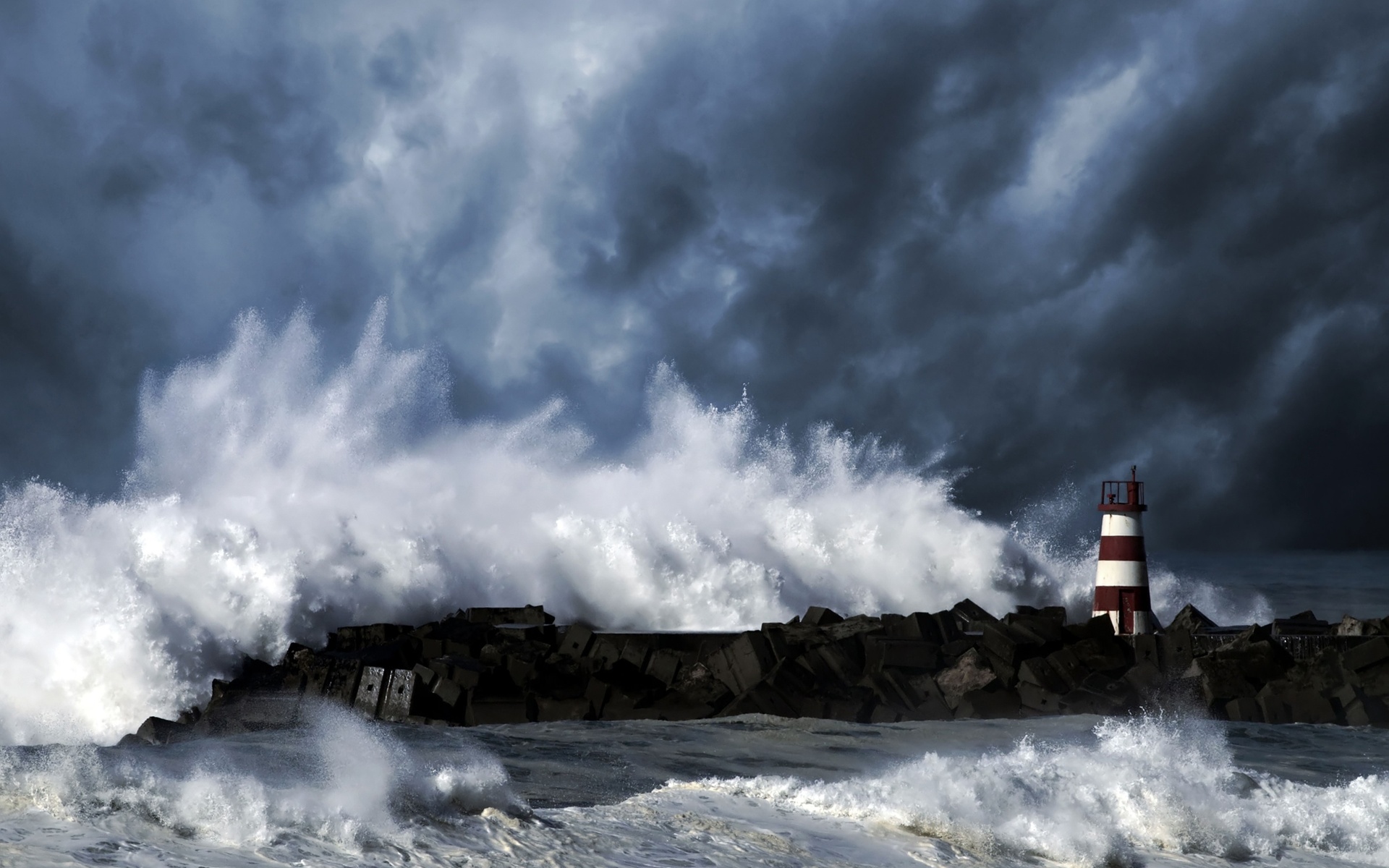 sea, Lighthouse, Storm, Waves Wallpaper