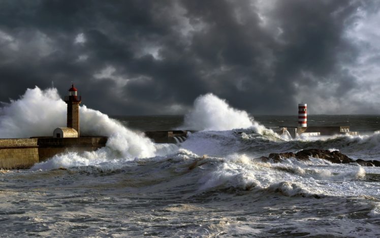 sea, Lighthouse, Storm, Landscape, Ocean, Waves HD Wallpaper Desktop Background