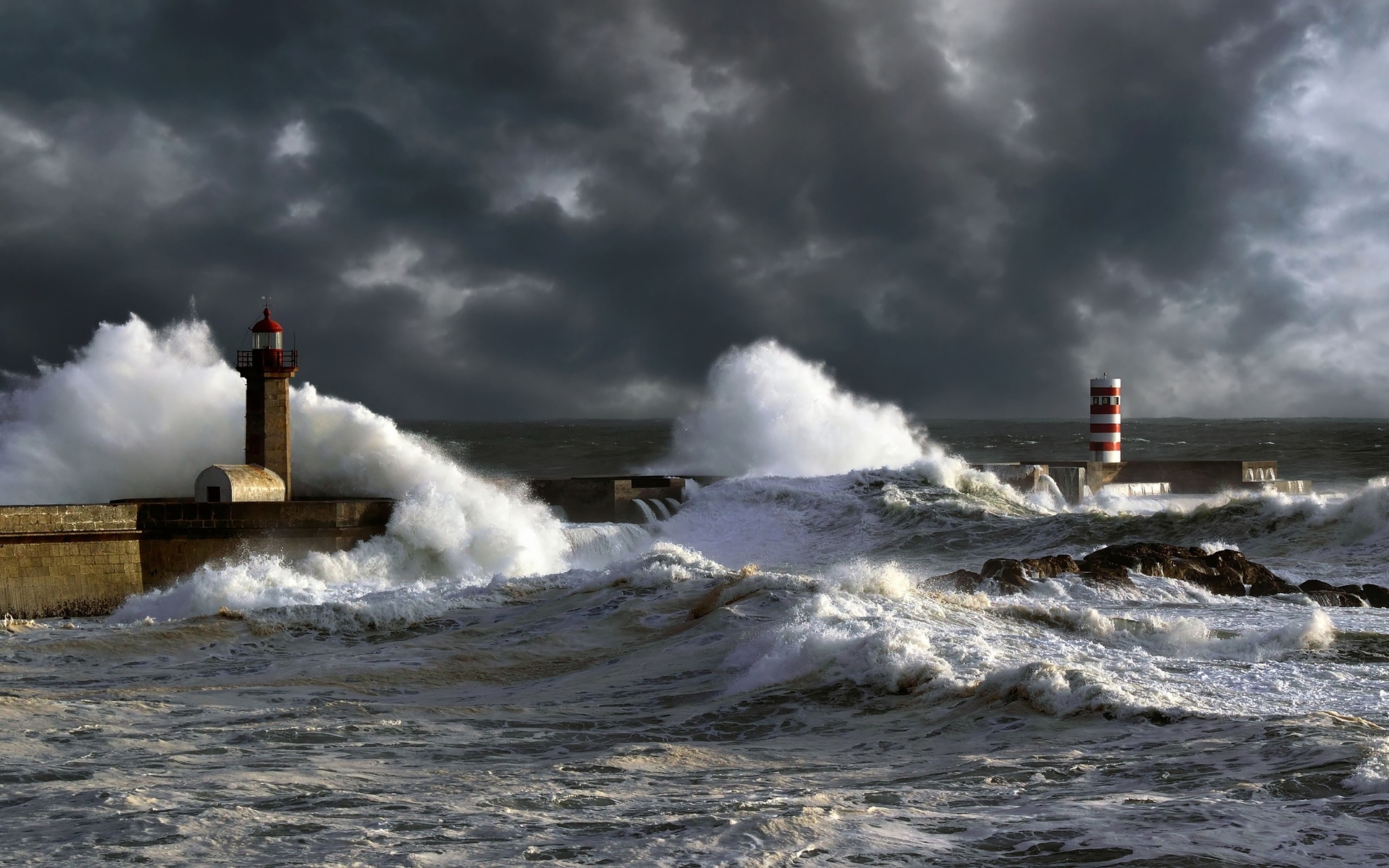 sea, Lighthouse, Storm, Landscape, Ocean, Waves Wallpaper