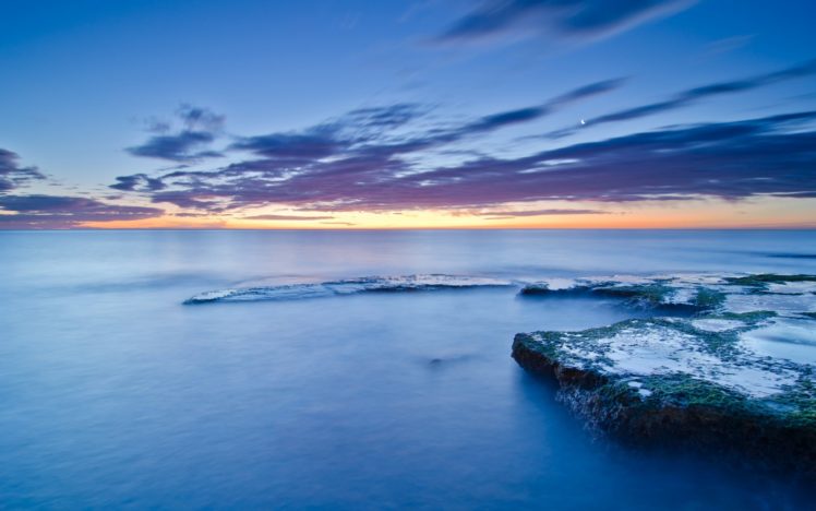 spain, Valencia, Shore, Coast, Stones, Moss, Sea, Calm, Evening, Sunset, Blue, Sky, Clouds, Moon HD Wallpaper Desktop Background