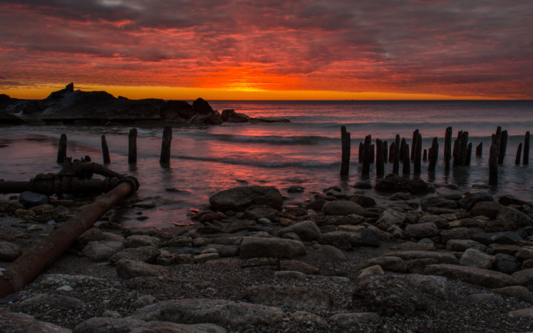 sunset, Ocean, Posts, Rocks, Stones, Beach HD Wallpaper Desktop Background