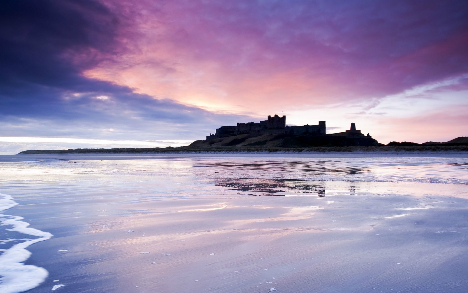 uk, England, Castle, Sea, Beach, Night, Purple, Violet, Sky, Clouds, Reflection Wallpaper