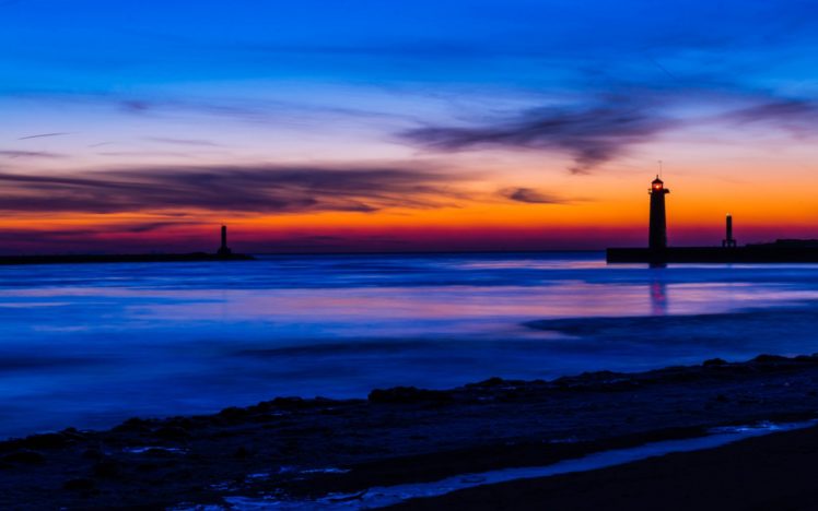 usa, Michigan, Lake, Beach, Lighthouse, Night, Orange, Sunset, Blue, Sky, Clouds HD Wallpaper Desktop Background