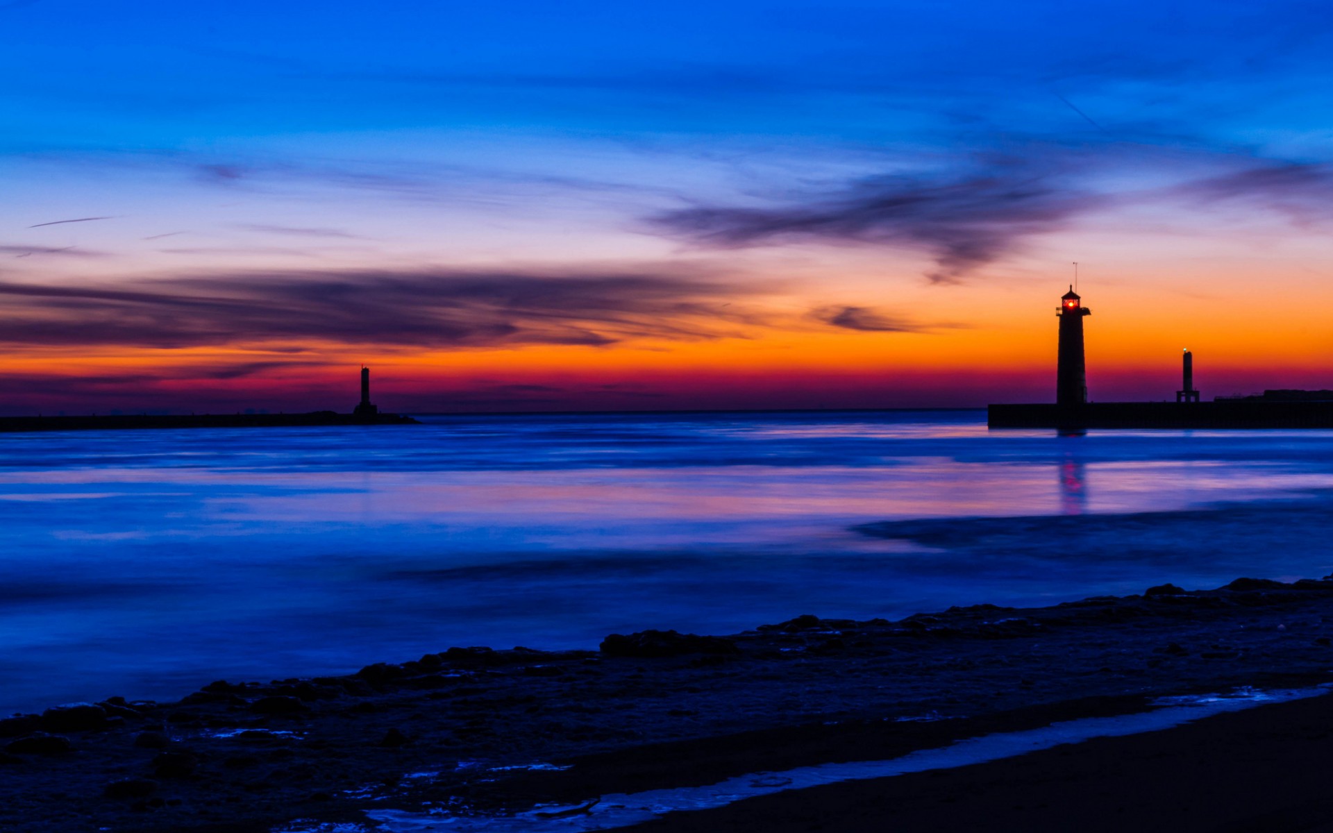 usa, Michigan, Lake, Beach, Lighthouse, Night, Orange, Sunset, Blue, Sky, Clouds Wallpaper