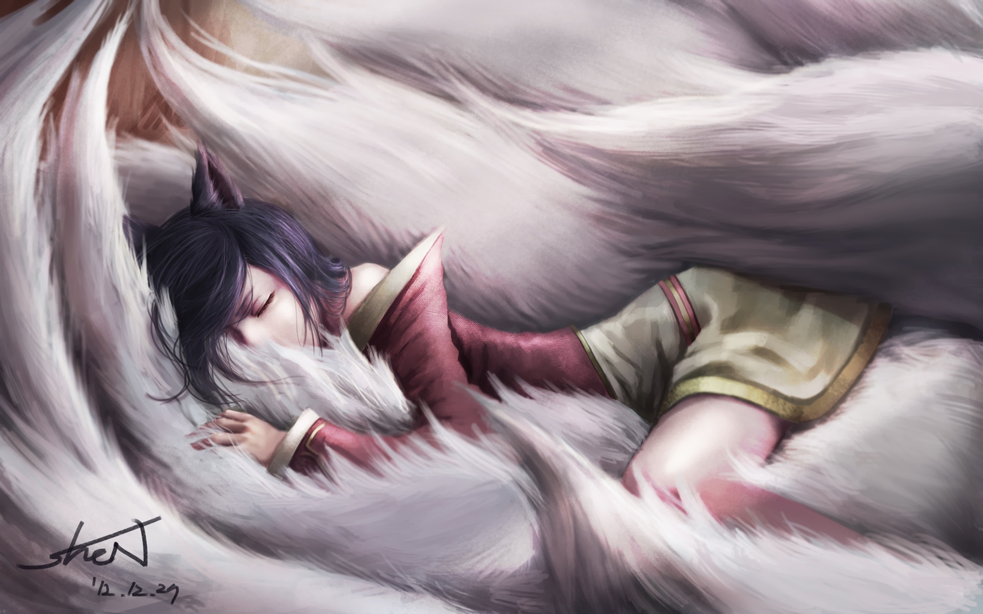 art, League, Of, Legends, Ahri, Girl, Dream, Sleep, Tails, Fantasy Wallpaper