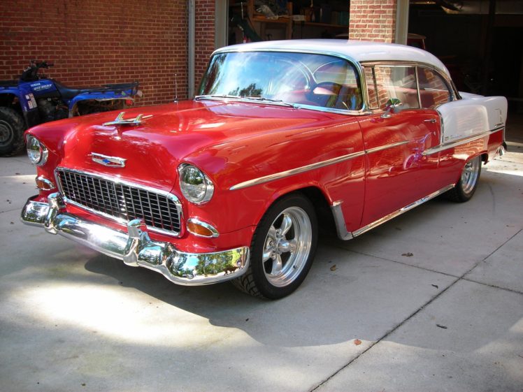 1955, Chevrolet, Chevy, Bel, Air, Coupe, Two, Door, Super, Street, Hot, Rod, Rodder, Red, Usa, 2592×1944 01 HD Wallpaper Desktop Background