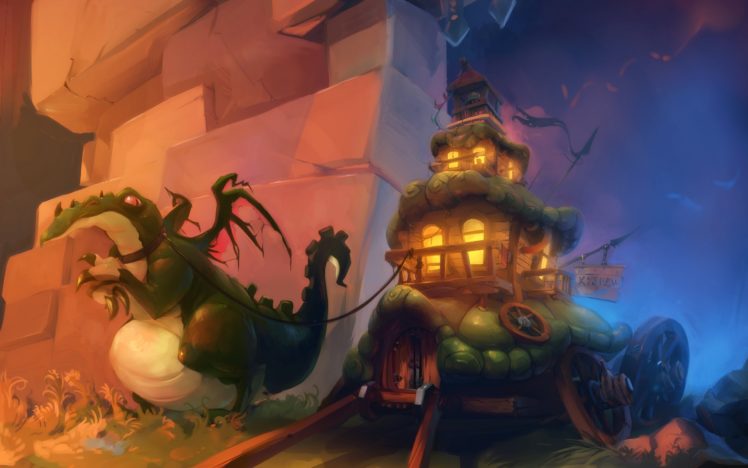 dragon, Pack, Train, Wagon, House, Fantasy, Art HD Wallpaper Desktop Background
