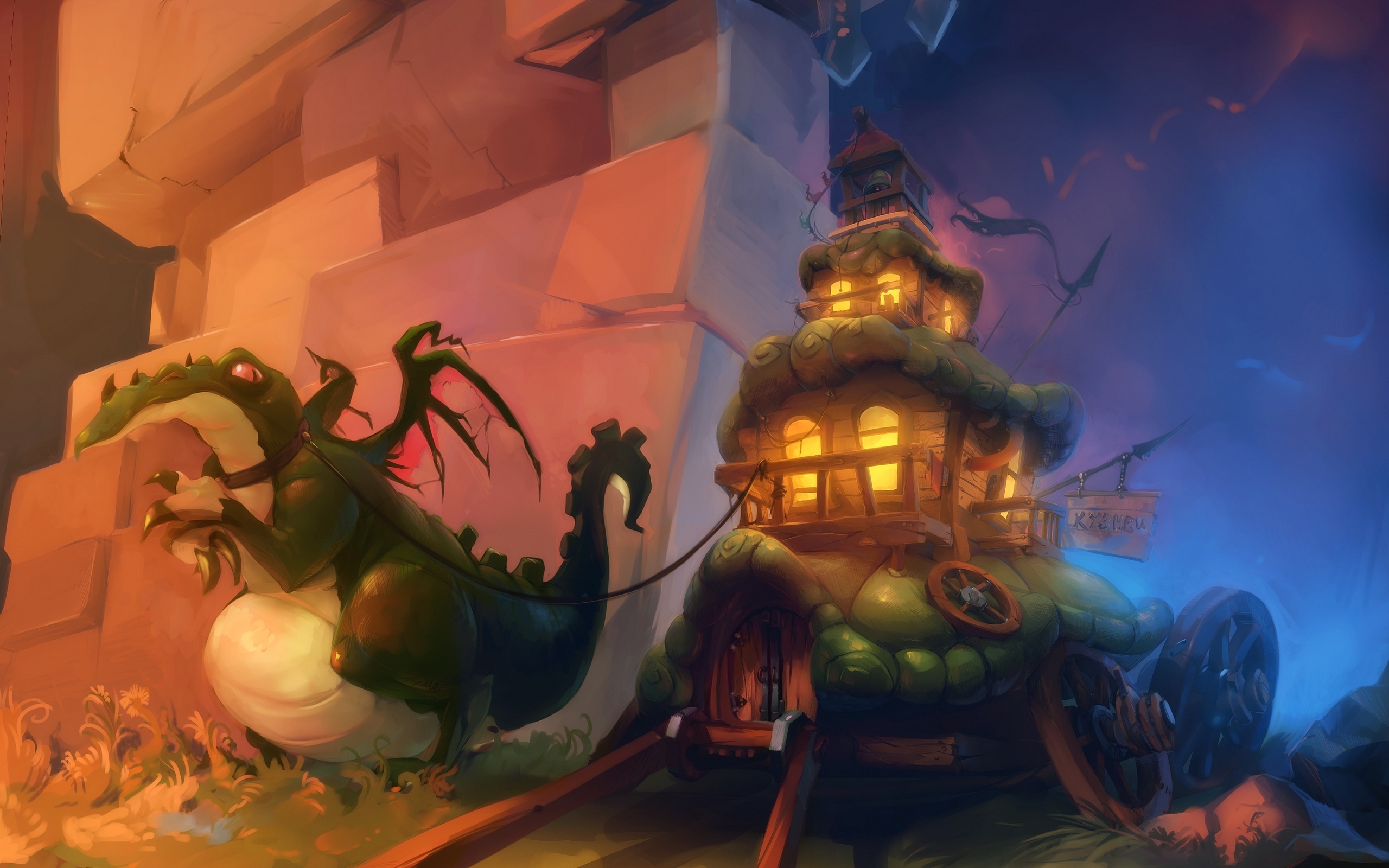 dragon, Pack, Train, Wagon, House, Fantasy, Art Wallpaper