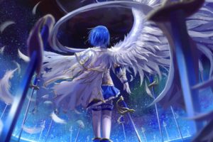 angel, Wings, Blue, Hair, Sword, Anime